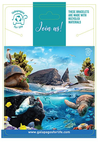 Galapagos for Life packaging card, illustrated with the islands' wildlife