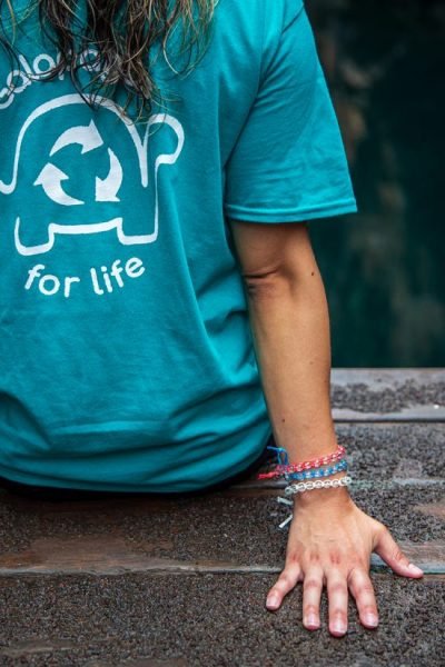 Wearing Galapagos for Life bracelets and t-shirt